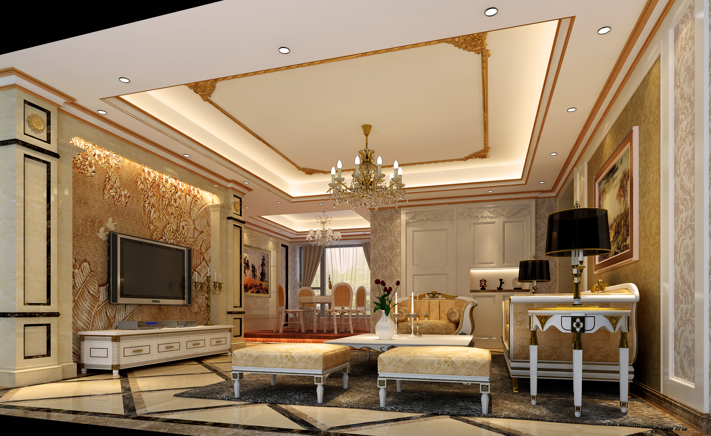 歐式典雅風(fēng)范，龍光·九龍璽四居室客廳裝修效果圖賞析